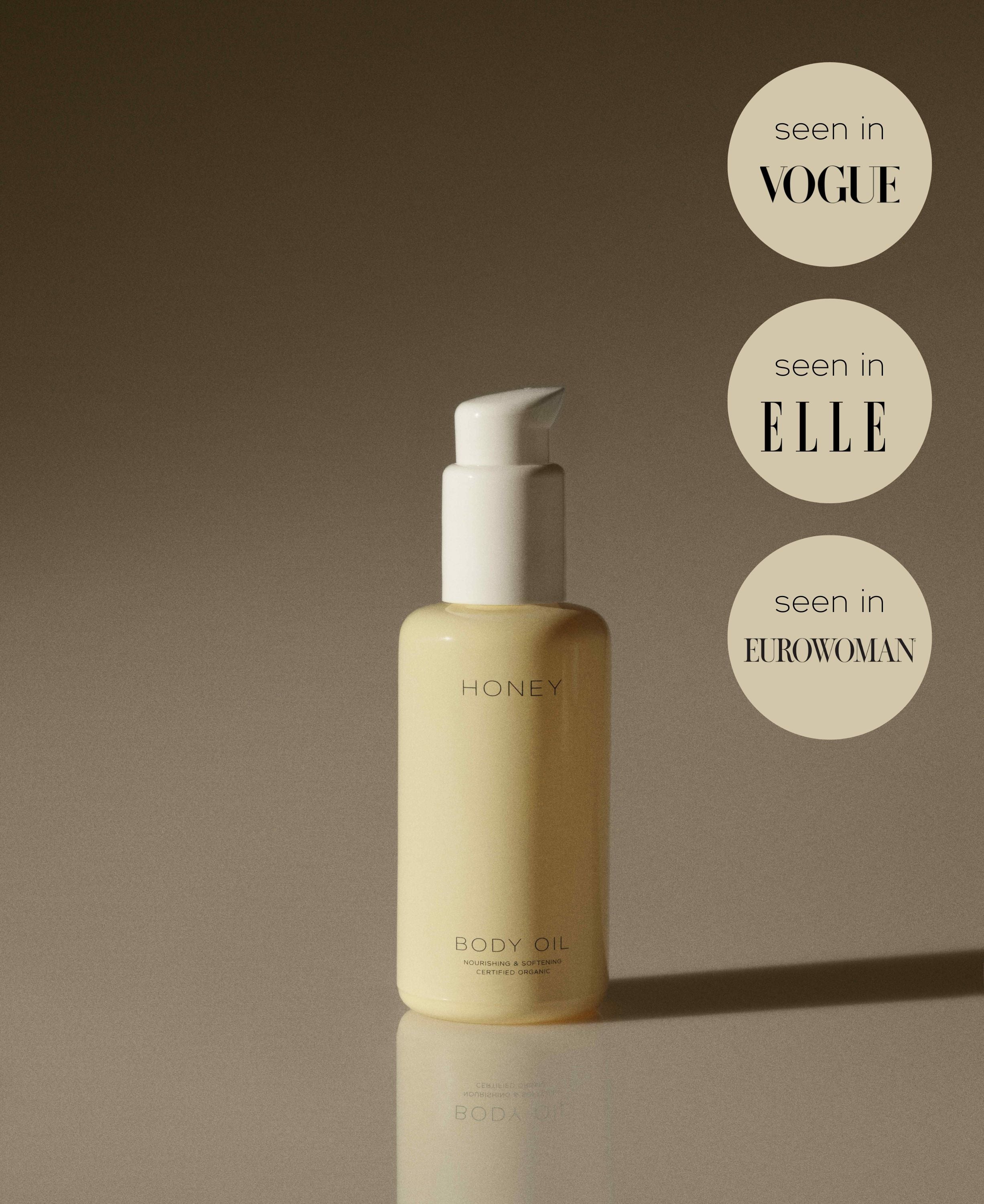 Naturlig parfumefri kropsolie i gul flaske med hvid låg og PR-kampagner om Vogue, Elle og Eurowoman